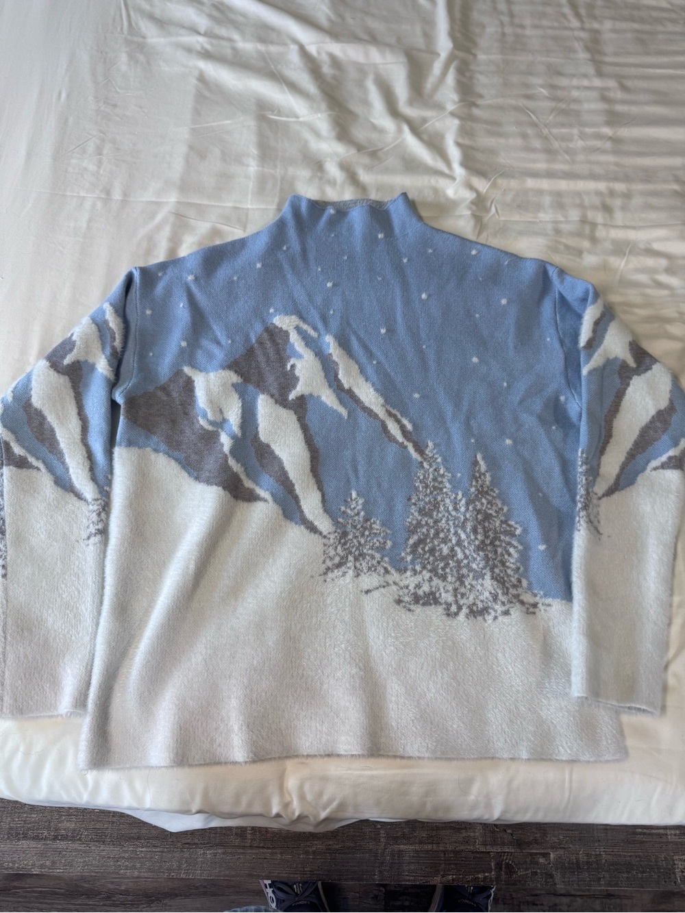 Rachel Zoe Light Blue and White Mountain Scenic Turtleneck Sweater